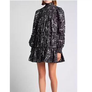 Cinq A Sept Rika Love Note Dress Size 8 Black Smocked Tiered Mini Preppy LBD‎